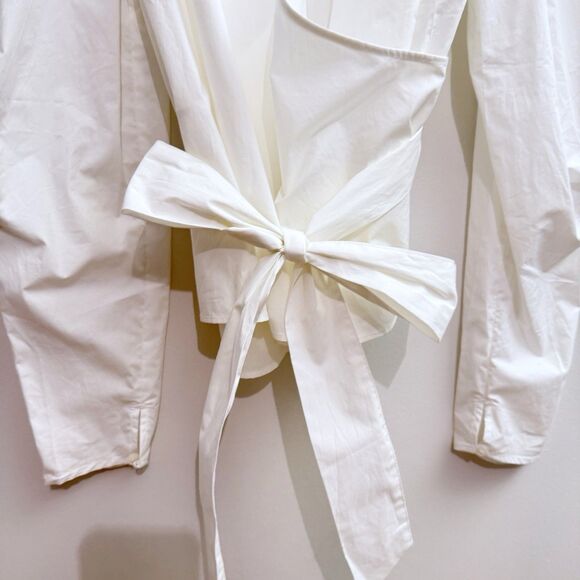 NEW H&M Women’s Large White Poplin Cotton Wrap Waist Belt Tie Blouse Top - Picture 2 of 9